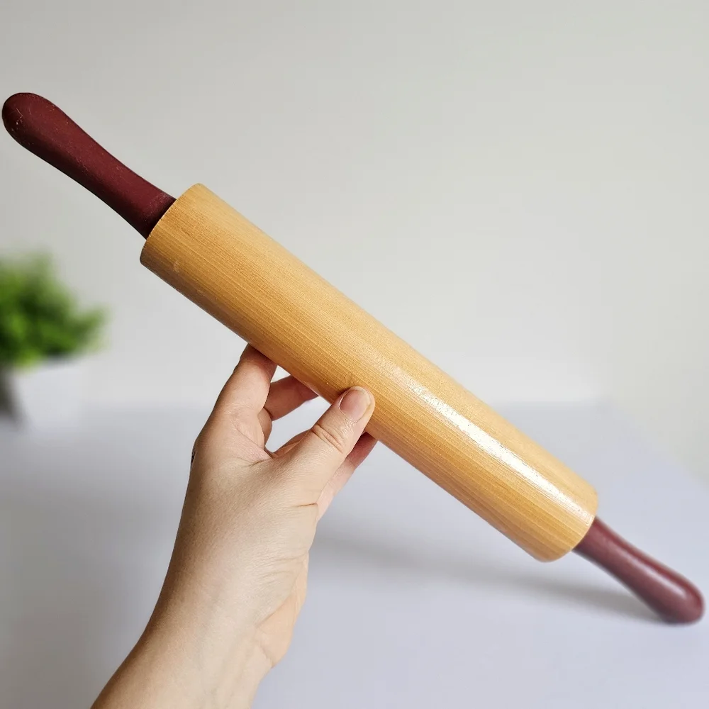 Vintage Decorative Wooden Rolling Pin with Red Apple Rustic Farmhouse Design
